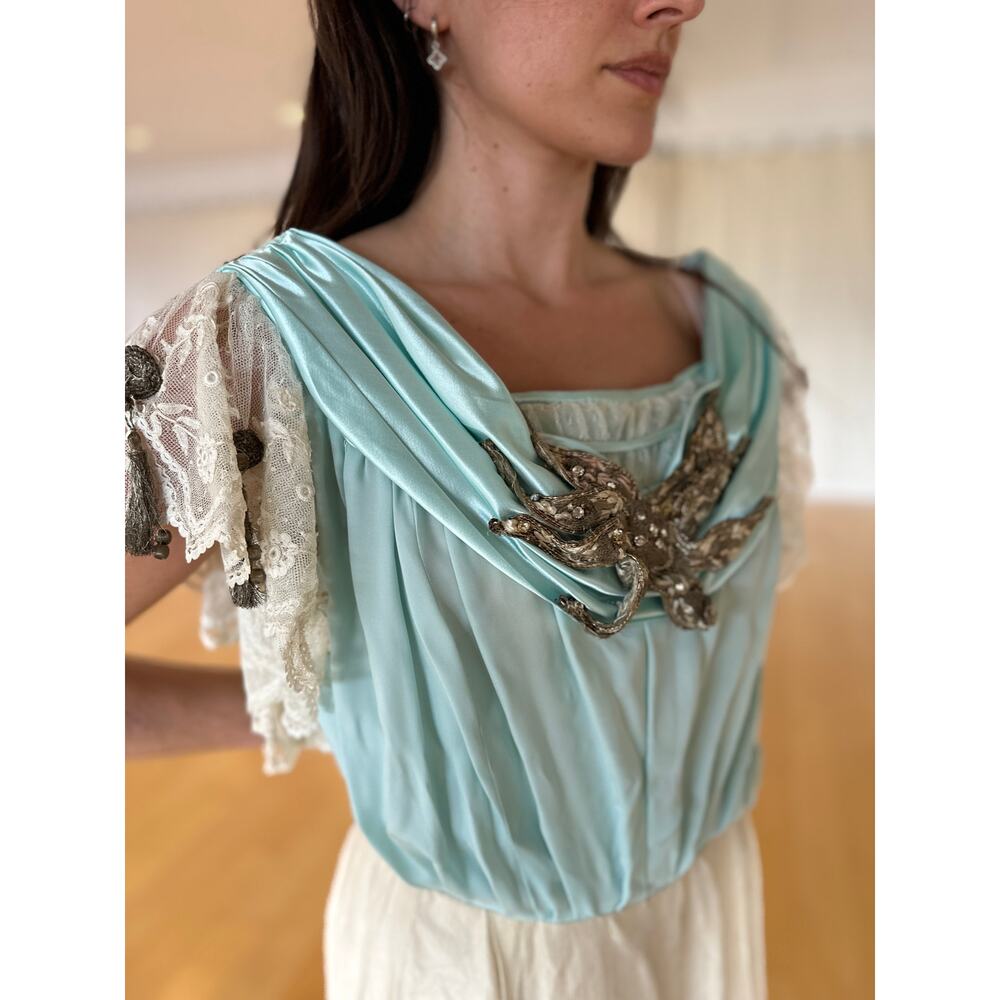 Women's Large Gown Aqua Ecru Silk Ball Gown Star Fish Rhinestone Ornaments 1905 - Picture 5 of 6